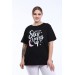 Kadın Büyük Beden Bluz Tshirt Baskılı Pamuklu T-Shirt Siyah Anna61