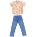 Erkek Çocuk Sarı Yaprak Desenli Kısa Kol Gömlek Mavi Renk Krinkıl Model Kot Pantolon Takımı