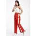 Beyaz Şeritli Ve Çıtçıtlı Kırmızı Salaş Kadın Pantolon