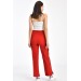 Beyaz Şeritli Ve Çıtçıtlı Kırmızı Salaş Kadın Pantolon