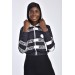 Kapüşonlu Ön Ve Arka Baskılı Cepli Beyaz Çizgili Siyah Kadın Sweatshirt