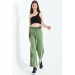 Taş İşlemeli Geniş Paçalı Ve Deri Kemerli Yeşil Kadın Pantolon