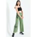 Taş İşlemeli Geniş Paçalı Ve Deri Kemerli Yeşil Kadın Pantolon