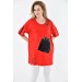 Yuvarlak Yaka Şeritli Taşlı Ve Fermuarlı Cep Detaylı Kırmızı Kadın Bluz