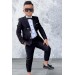 Erkek Çocuk Düğme Detaylı Blazer Ceket Papyon Hediyeli Siyah Takım Elbise
