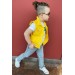 Erkek Çocuk Merci Yazı Baskılı Tişört Jean Pantolon Ve Düğme Detaylı Sıfır Kol Jean Sarı Yelek Alt Üst Takım