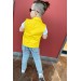 Erkek Çocuk Merci Yazı Baskılı Tişört Jean Pantolon Ve Düğme Detaylı Sıfır Kol Jean Sarı Yelek Alt Üst Takım