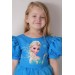 Kız Çocuk Balon Kol Elsa Ve Simli Kar Tanesi Baskılı Mavi Elbise