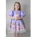 Kız Çocuk Balon Kol Minnie Mouse Baskılı Etek Uçu Güpür İşlemeli Lila Elbise
