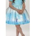 Kız Çocuk Balon Kollu Beli Taş Şerit Detaylı Elsa Baskılı Mavi Elbise