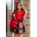 Kız Çocuk Balon Kollu Bluz Çiçek Desenli Tül Detaylı Çantalı Kırmızı Etekli Takım 3-12 Yaş