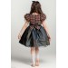 Kız Çocuk Balon Kollu Kazayağı Desenli Deri Etekli Tül Detaylı Kahverengi Elbise