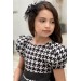 Kız Çocuk Balon Kollu Kazayağı Desenli Deri Etekli Tül Detaylı Siyah Elbise 2-12 Yaş