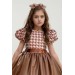 Kız Çocuk Balon Kollu Kazayağı Desenli Deri Etekli Tül Detaylı Taba Elbise