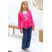 Kız Çocuk Barbie Desen Baskılı Tişört Fiyonk Detaylı Pembe  Blazer Ceket Alt Üst Takım