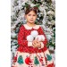Kız Çocuk Bebe Yaka Noel Baba Baskılı Kareli Kırmızı Elbise