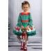Kız Çocuk Bebe Yakalı Kare Desenli Noel Baskılı Taçlı Yeşil Elbise 2-8Yaş
