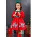 Kız Çocuk Bebe Yakalı Noel Baskılı Puantiyeli Kırmızı Elbise