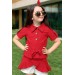 Kız Çocuk Belden Bağlamalı Düğme Detaylı Eteği Fırfırlı Kırmızı Tunik