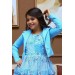 Kız Çocuk Blazer Ceketli Çiçek Baskılı Katkat Tüllü Sıfır Kol Mavi Elbise