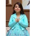 Kız Çocuk Blazer Ceketli Çiçek Baskılı Katkat Tüllü Sıfır Kol Turkuaz Elbise