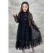 Kız Çocuk Boydan Düğmeli Dantel İşlemeli Siyah Elbise