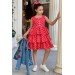 Kız Çocuk Çiçek Baskılı Kot Ceket Puantiyeli Kat Kat Piliseli Kırmızı Elbise