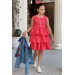 Kız Çocuk Çiçek Baskılı Kot Ceket Puantiyeli Kat Kat Piliseli Kırmızı Elbise