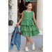 Kız Çocuk Çiçek Baskılı Kot Ceket Puantiyeli Kat Kat Piliseli Yeşil Elbise