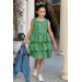 Kız Çocuk Çiçek Baskılı Kot Ceket Puantiyeli Kat Kat Piliseli Yeşil Elbise
