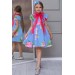 Kız Çocuk Çiçek Baskılı Yakası Transparan Fiyonk Detaylı Mavi Elbise