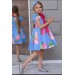 Kız Çocuk Çiçek Baskılı Yakası Transparan Fiyonk Detaylı Mavi Elbise