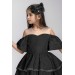 Kız Çocuk Düşük Omuzlu Transparan Yaka Eteği Katkat Dantel İşlemeli Kuyruk Detaylı Siyah Elbise