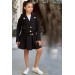Kız Çocuk Gümüş Düğme Ve Fırfır Detaylı Siyah Ceket Etekli Takım
