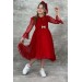 Kız Çocuk Güpür Detaylı Yakası Fırfırlı Puantiyeli Eteği Kabarık Tüllü Kırmızı Abiye