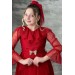 Kız Çocuk Güpür Detaylı Yakası Fırfırlı Puantiyeli Eteği Kabarık Tüllü Kırmızı Abiye