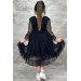 Kız Çocuk Güpür Detaylı Yakası Fırfırlı Puantiyeli Eteği Kabarık Tüllü Siyah Abiye