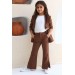 Kız Çocuk Halka Detaylı Blazer Ceket Ve  Yırtmaç Detaylı İspanyol Paçalı Pantolon Kahverengi Alt Üst Takım