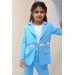Kız Çocuk Halka Detaylı Blazer Ceket Ve  Yırtmaç Detaylı İspanyol Paçalı Pantolon Mavi Alt Üst Takım