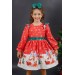Kız Çocuk Kar Tanesi Desenli Kolları Fırfırlı Noel Baskılı Kırmızı Elbise