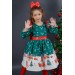 Kız Çocuk Kar Tanesi Desenli Kolları Fırfırlı Noel Baskılı Yeşil Elbise