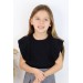 Kız Çocuk Kareli Bol Dokuma Kapri Kolları Fırfırlı Fitilli Kumaş Siyah Bluz Şortlu Takım