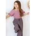 Kız Çocuk Kareli Bol Paça Pantolon Ve İnci Boncuklu Pembe Alt Üst Takım