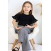 Kız Çocuk Kareli Bol Paça Pantolon Ve İnci Boncuklu Siyah Alt Üst Takım