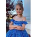 Kız Çocuk Kayık Yaka Taş İşlemeli Üzeri Sarmaşık Desenli Transparan Mavi Abiye