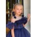 Kız Çocuk Kayık Yaka Tül Detaylı Pulpayetli Eteği Tüllü Taçlı Lacivert Elbise 2-12 Yaş