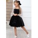 Kız Çocuk Kolları Transparan Puantiye Detaylı Siyah Kadife Elbise