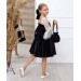 Kız Çocuk Kolları Transparan Puantiye Detaylı Siyah Kadife Elbise