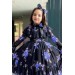 Kız Çocuk Kolları Transparan Ve Yakası Fırfırlı Üzeri Çiçek Desenli Piliseli Mor Elbise