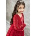Kız Çocuk Kolları Transparan Yakası İnci Boncuklu Etek Ucu Fırfırlı Kırmızı Abiye